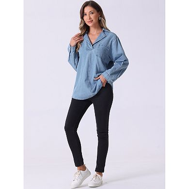 Denim Pullover Blouse for Women's V Neck Collared Long Sleeve Casual Jean Blouses Top