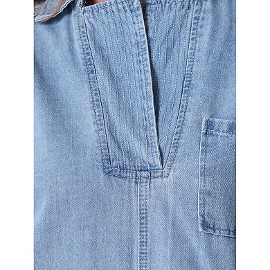 Denim Pullover Blouse for Women's V Neck Collared Long Sleeve Casual Jean Blouses Top