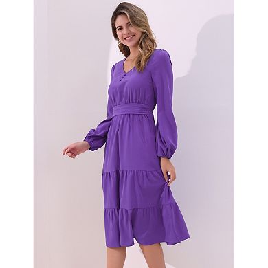 V Neck Dress for Women's Lantern Sleeve Ruffle Flowy A-Line Elegant Casual Midi Dresses