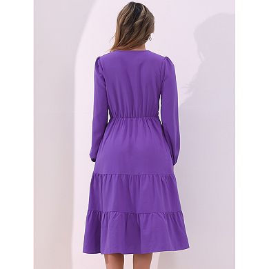 V Neck Dress for Women's Lantern Sleeve Ruffle Flowy A-Line Elegant Casual Midi Dresses