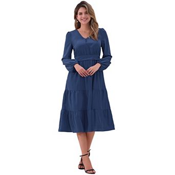 V Neck Dress for Women's Lantern Sleeve Ruffle Flowy A-Line Elegant Casual Midi Dresses