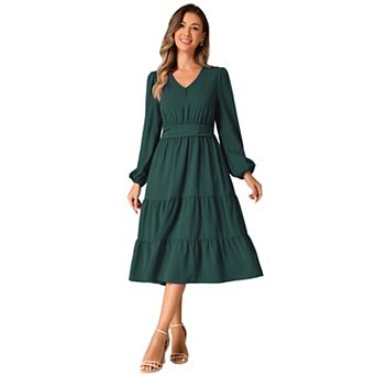V Neck Dress for Women's Lantern Sleeve Ruffle Flowy A-Line Elegant Casual Midi Dresses