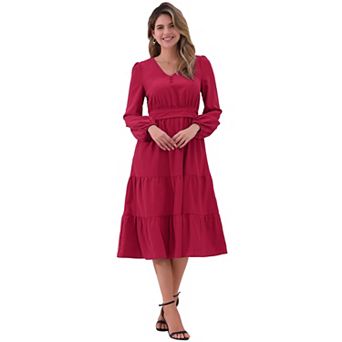 V Neck Dress for Women's Lantern Sleeve Ruffle Flowy A-Line Elegant Casual Midi Dresses