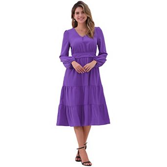 V Neck Dress for Women's Lantern Sleeve Ruffle Flowy A-Line Elegant Casual Midi Dresses