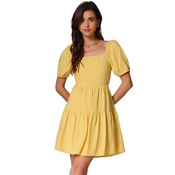 Summer Tiered Short Dress for Women's High Waist Square Neck Puffy Sleeve Casual Sundress