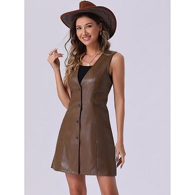 Faux Leather Dress for Women's Pinafore Button Down V Neck Sleeveless Mini Overall Dresses