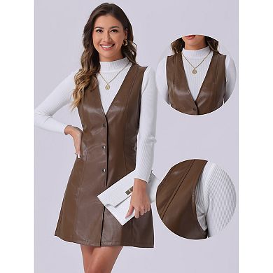 Faux Leather Dress for Women's Pinafore Button Down V Neck Sleeveless Mini Overall Dresses