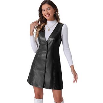 Faux Leather Dress for Women's Pinafore Button Down V Neck Sleeveless Mini Overall Dresses