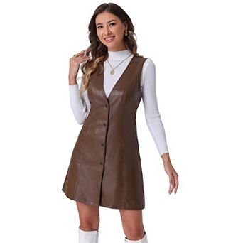 Faux Leather Dress for Women's Pinafore Button Down V Neck Sleeveless Mini Overall Dresses