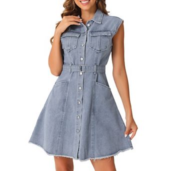 Denim Tank Dress for Women's Button Down Lapel Belted A-line Dresses