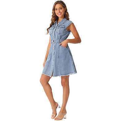 Denim Tank Dress for Women's Button Down Lapel Belted A-line Dresses