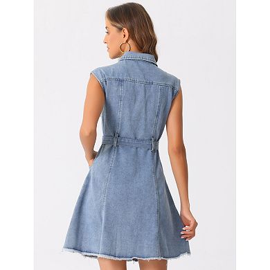 Denim Tank Dress for Women's Button Down Lapel Belted A-line Dresses