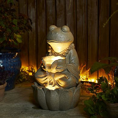 Glitzhome 2-Tiered Zen-Style Frog Sand Beige Polyresin Outdoor Fountain