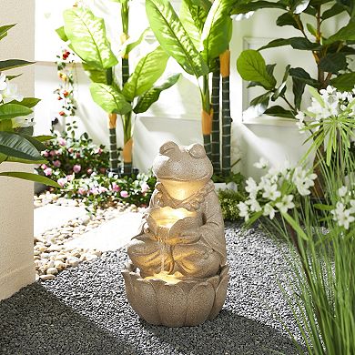 Glitzhome 2-Tiered Zen-Style Frog Sand Beige Polyresin Outdoor Fountain