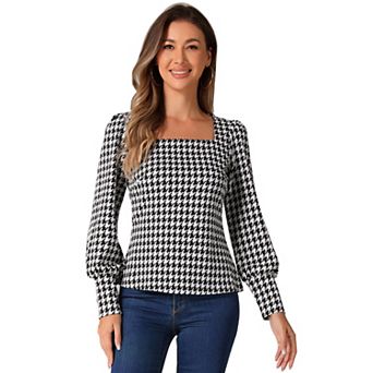 Houndstooth Tops for Women's Square Neck Bishop Sleeve Casual Blouse