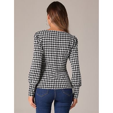 Houndstooth Tops for Women's Square Neck Bishop Sleeve Casual Blouse