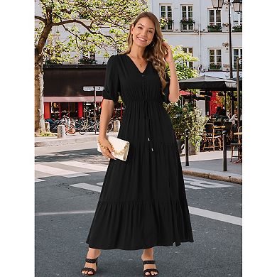 Women's Dress V Neck Half-Sleeve Drawstring Waisted Tiered Slit A-Line Maxi Dress with Pockets