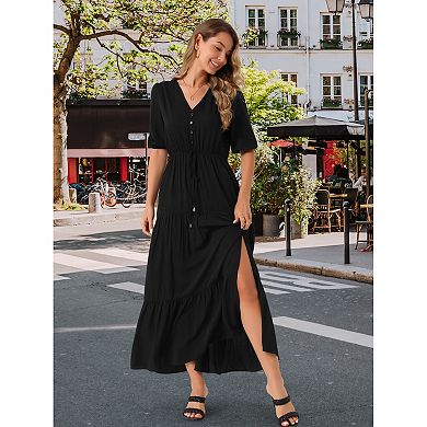 Women's Dress V Neck Half-Sleeve Drawstring Waisted Tiered Slit A-Line Maxi Dress with Pockets
