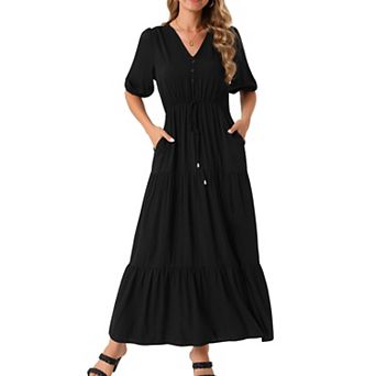 Women's Dress V Neck Half-Sleeve Drawstring Waisted Tiered Slit A-Line Maxi Dress with Pockets