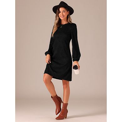 Elegant Long Sleeve Dress for Women's Lantern Sleeve Wedding Guest Crew Neck Solid Midi Dresses