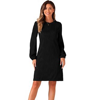 Elegant Long Sleeve Dress for Women's Lantern Sleeve Wedding Guest Crew Neck Solid Midi Dresses