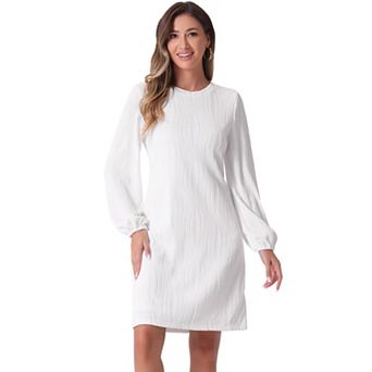 Elegant Long Sleeve Dress for Women's Lantern Sleeve Wedding Guest Crew Neck Solid Midi Dresses