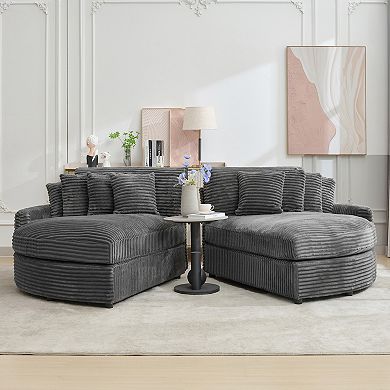 Oversized Fan-shaped Corduroy Couch, 2-piece Sectional Sofa with 8 Throw Pillows