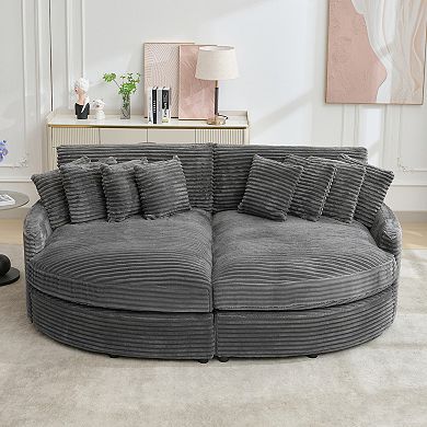 Oversized Fan-shaped Corduroy Couch, 2-piece Sectional Sofa with 8 Throw Pillows