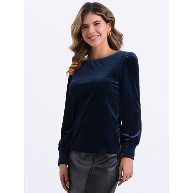 Winter Velvet Blouse for Women's Round Neck Puffy Long Sleeve Casual Pullover Blouses Top