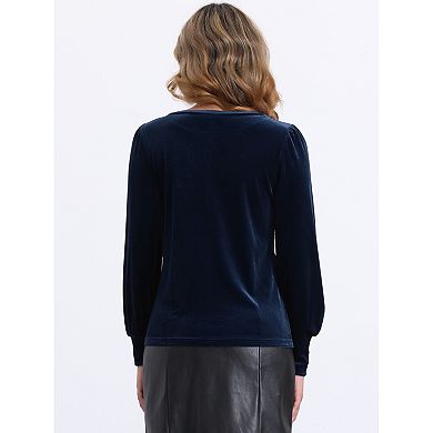 Winter Velvet Blouse for Women's Round Neck Puffy Long Sleeve Casual Pullover Blouses Top