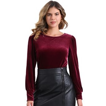 Winter Velvet Blouse for Women's Round Neck Puffy Long Sleeve Casual Pullover Blouses Top