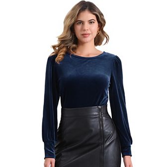 Winter Velvet Blouse for Women's Round Neck Puffy Long Sleeve Casual Pullover Blouses Top