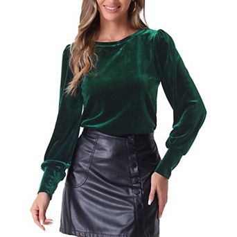 Winter Velvet Blouse for Women's Round Neck Puffy Long Sleeve Casual Pullover Blouses Top