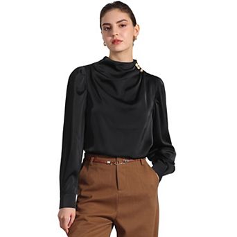 Women's Satin Blouse Mock Neck Pleated Puffy Sleeve Top