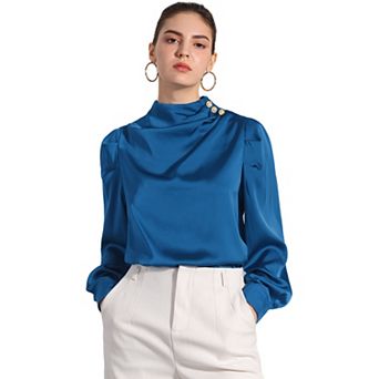 Women's Satin Blouse Mock Neck Pleated Puffy Sleeve Top