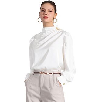 Women's Satin Blouse Mock Neck Pleated Puffy Sleeve Top