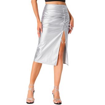 Faux Leather Skirts for Women's High Waist Side Slit Bodycon Pencil Midi Skirts