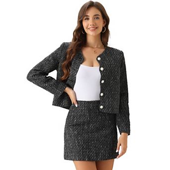 Tweed Blazer Set for Women's Elegant Work 2 pc Blazer Skirt Suit