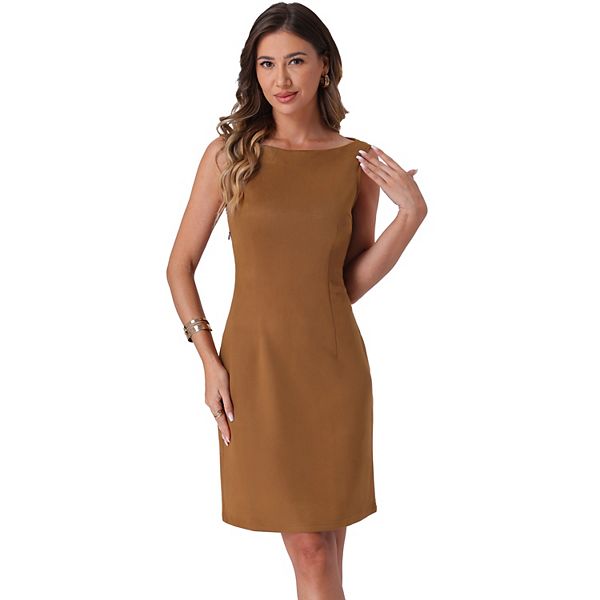 Vintage Faux Suede Dress Autumn Winter Casual Crew Neck Long Sleeve Mini Dress
