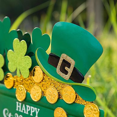 Glitzhome 24"H St. Patrick's Unique Wagon Shape Metal Shamrocks Wagon Yard Stake