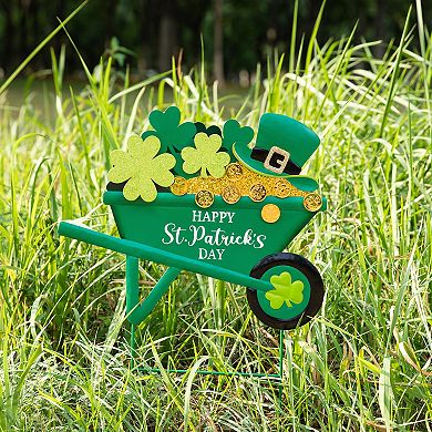 Glitzhome 24"H St. Patrick's Unique Wagon Shape Metal Shamrocks Wagon Yard Stake