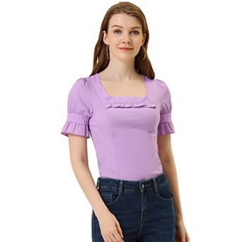 Lace Crochet Blouse for Women's Ruffle Puffy Short Sleeve Square Neck Top