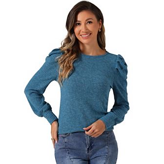 Women's Puffy Long Sleeve Tunic Tops Knit Crew Neck Casual Shirt