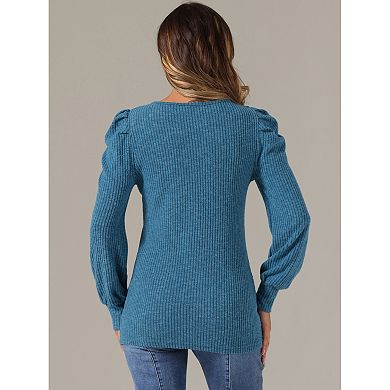 Women's Puffy Long Sleeve Tunic Tops Knit Crew Neck Casual Shirt