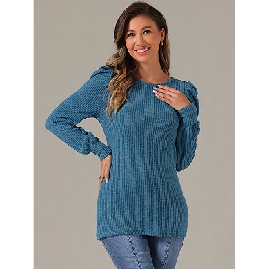 Women's Puffy Long Sleeve Tunic Tops Knit Crew Neck Casual Shirt