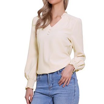Dressy Casual Blouse for Women's Vintage Ruffle V Neck Puffy Long Sleeve Shirt Top