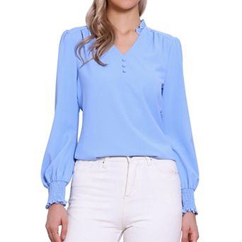Dressy Casual Blouse for Women's Vintage Ruffle V Neck Puffy Long Sleeve Shirt Top