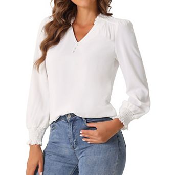 Dressy Casual Blouse for Women's Vintage Ruffle V Neck Puffy Long Sleeve Shirt Top