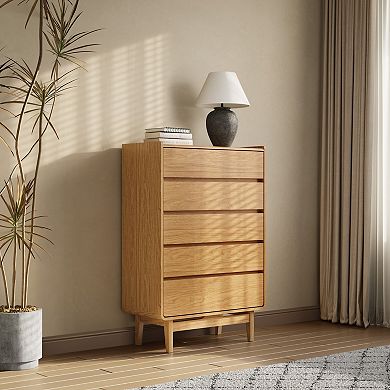 LuxenHome Oak Finish Manufactured Wood 48.5-Inch Tall 5-Drawer Bachelor Chest