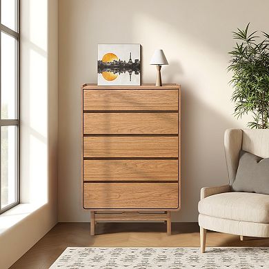 LuxenHome Oak Finish Manufactured Wood 48.5-Inch Tall 5-Drawer Bachelor Chest
